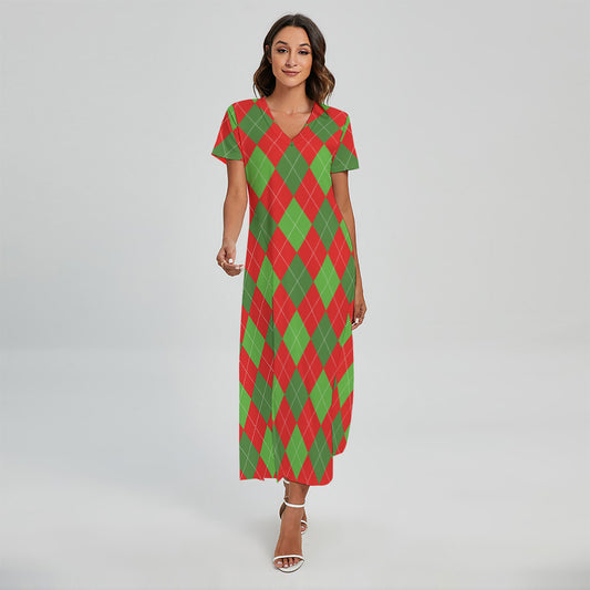 Green And Red Argyle Pattern Print Short Sleeve Maxi Dress