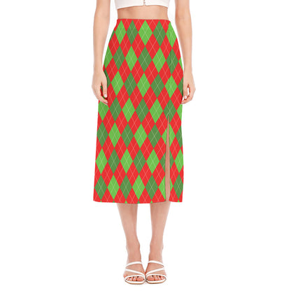 Green And Red Argyle Pattern Print Side Slit Midi Skirt