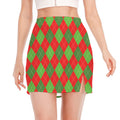 Green And Red Argyle Pattern Print Side Slit Mini Skirt