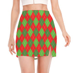 Green And Red Argyle Pattern Print Side Slit Mini Skirt