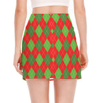 Green And Red Argyle Pattern Print Side Slit Mini Skirt