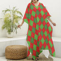 Green And Red Argyle Pattern Print Silk V-Neck Kaftan Dress