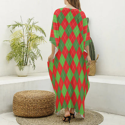 Green And Red Argyle Pattern Print Silk V-Neck Kaftan Dress