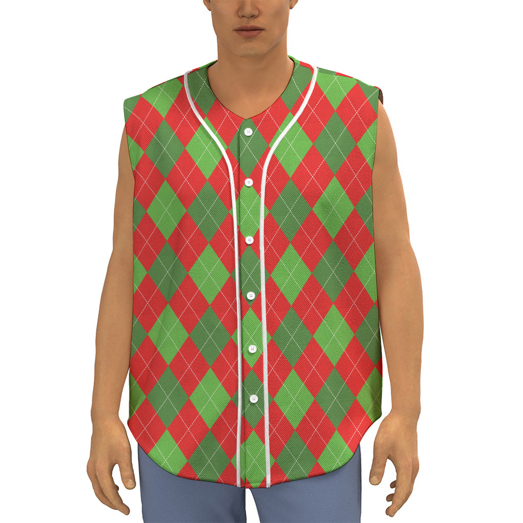 Green And Red Argyle Pattern Print Sleeveless Baseball Jersey