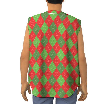 Green And Red Argyle Pattern Print Sleeveless Baseball Jersey