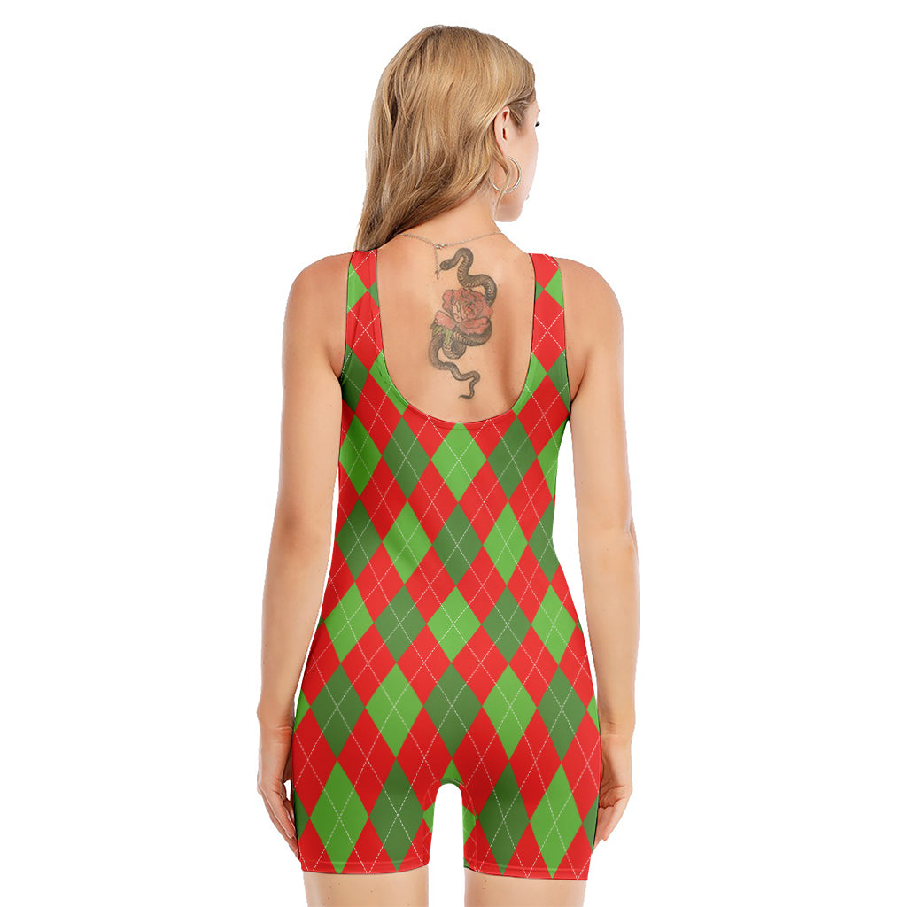 Green And Red Argyle Pattern Print Sleeveless One Piece Swimsuit