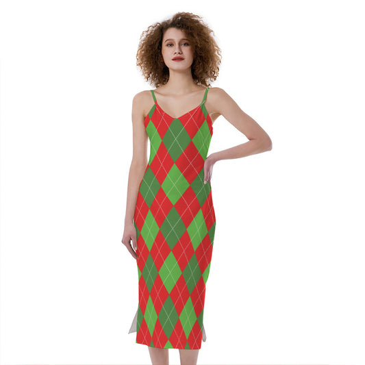 Green And Red Argyle Pattern Print Slim Fit Midi Cami Dress