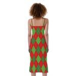 Green And Red Argyle Pattern Print Slim Fit Midi Cami Dress