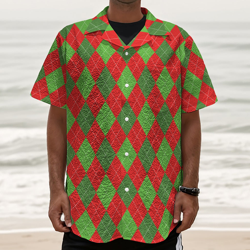 Green And Red Argyle Pattern Print Textured Short Sleeve Shirt