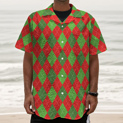 Green And Red Argyle Pattern Print Textured Short Sleeve Shirt