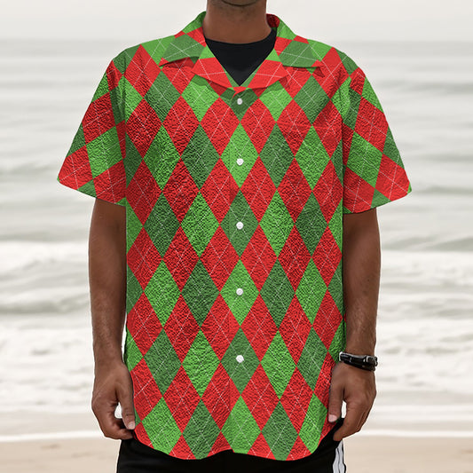 Green And Red Argyle Pattern Print Textured Short Sleeve Shirt