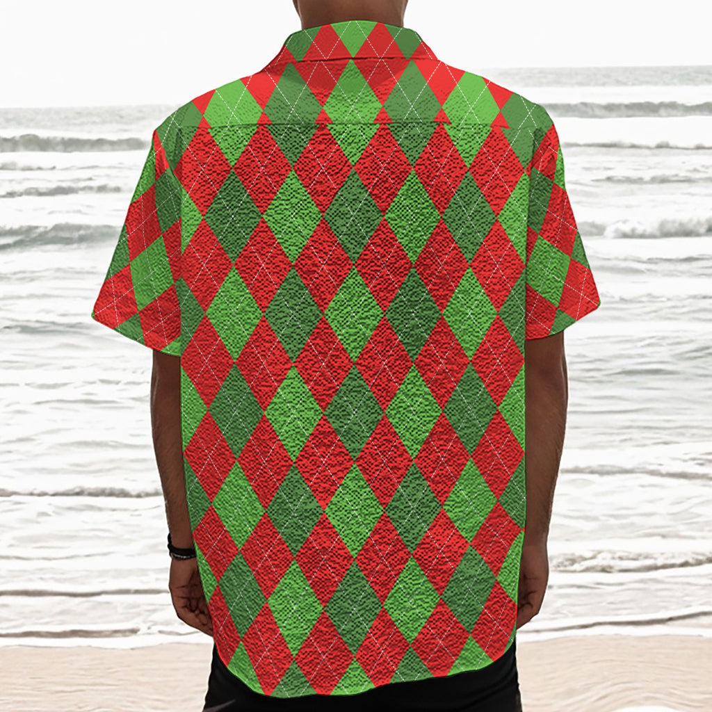 Green And Red Argyle Pattern Print Textured Short Sleeve Shirt