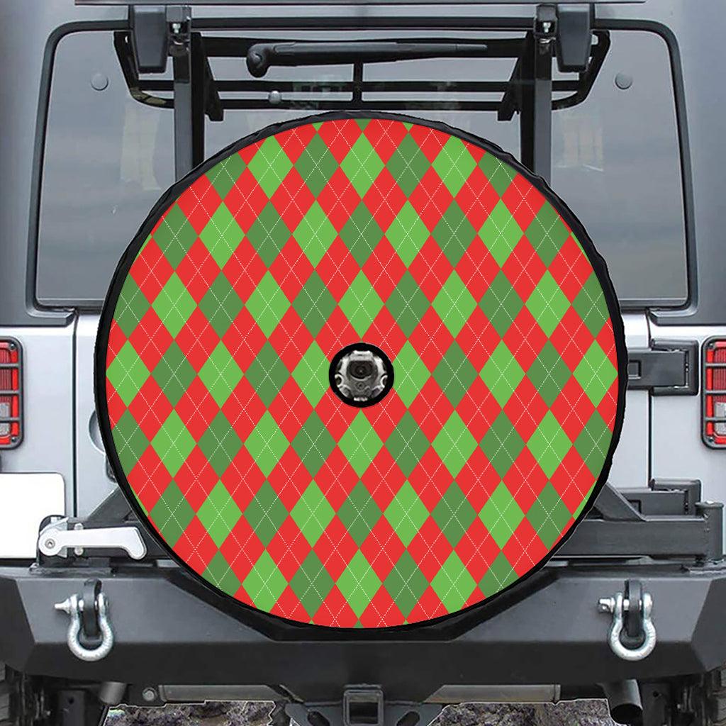 Green And Red Argyle Pattern Print Tire Cover With Camera Hole