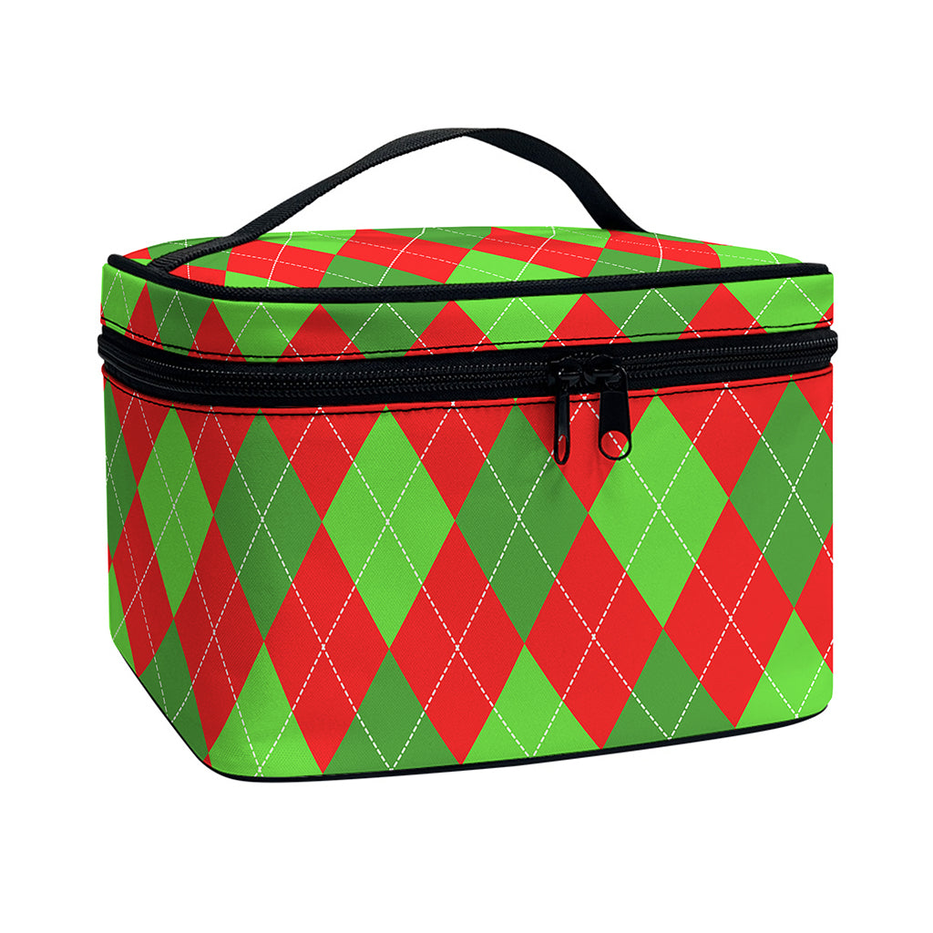 Green And Red Argyle Pattern Print Travel Makeup Bag