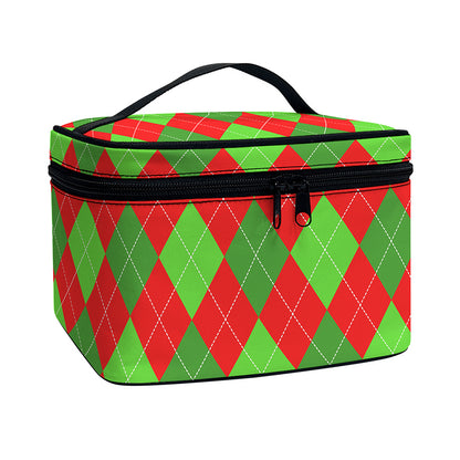 Green And Red Argyle Pattern Print Travel Makeup Bag