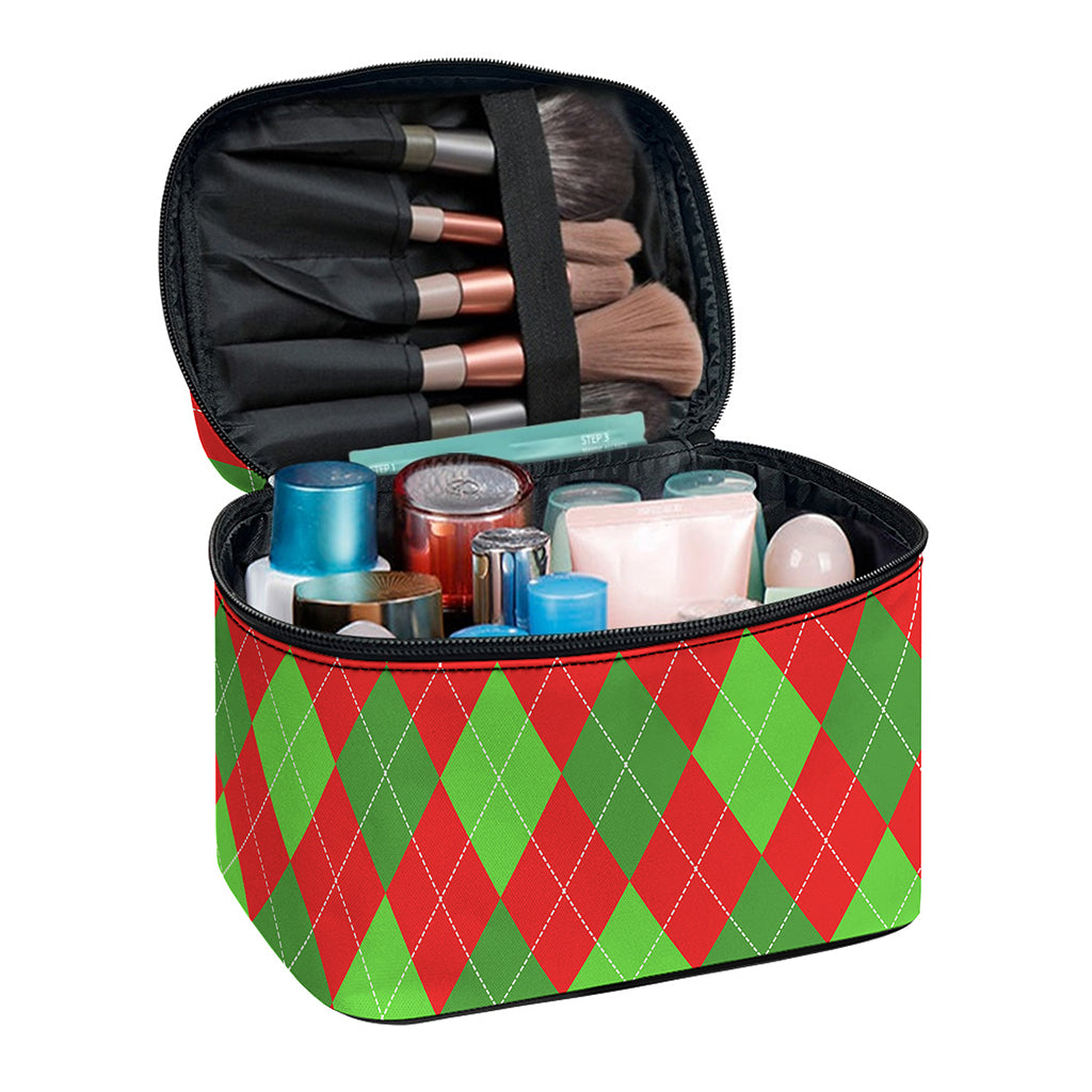 Green And Red Argyle Pattern Print Travel Makeup Bag