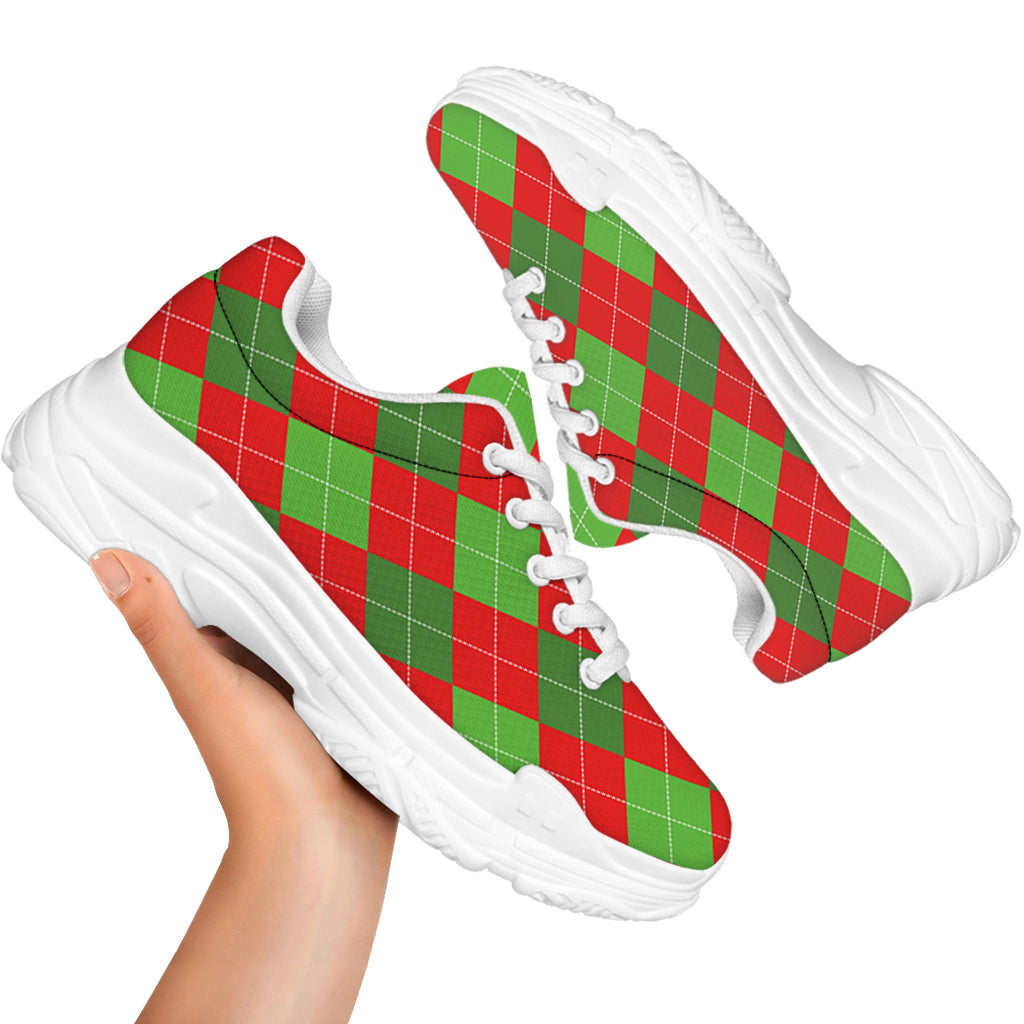 Green And Red Argyle Pattern Print White Chunky Shoes