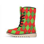 Green And Red Argyle Pattern Print Winter Boots