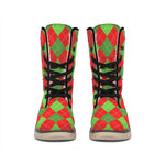 Green And Red Argyle Pattern Print Winter Boots