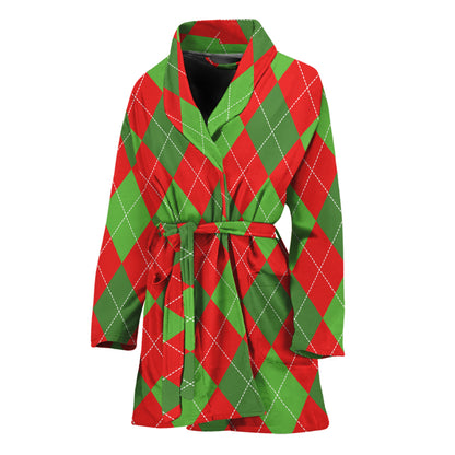 Green And Red Argyle Pattern Print Women's Bathrobe