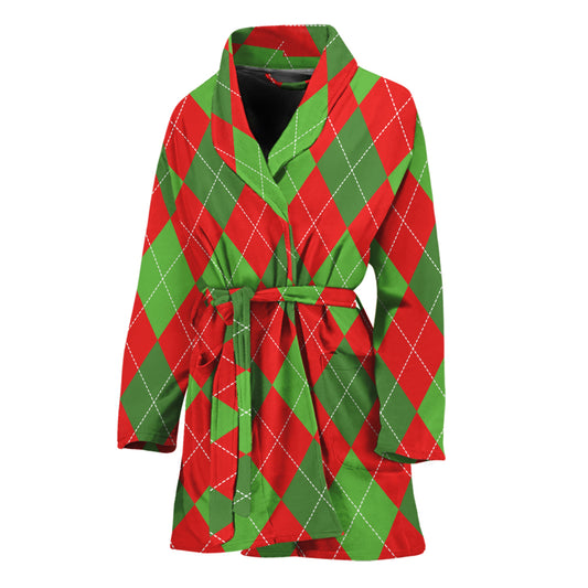 Green And Red Argyle Pattern Print Women's Bathrobe