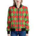Green And Red Argyle Pattern Print Women's Bomber Jacket