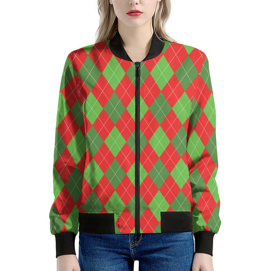 Green And Red Argyle Pattern Print Women's Bomber Jacket