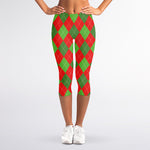 Green And Red Argyle Pattern Print Women's Capri Leggings