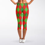 Green And Red Argyle Pattern Print Women's Capri Leggings