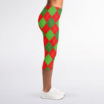 Green And Red Argyle Pattern Print Women's Capri Leggings