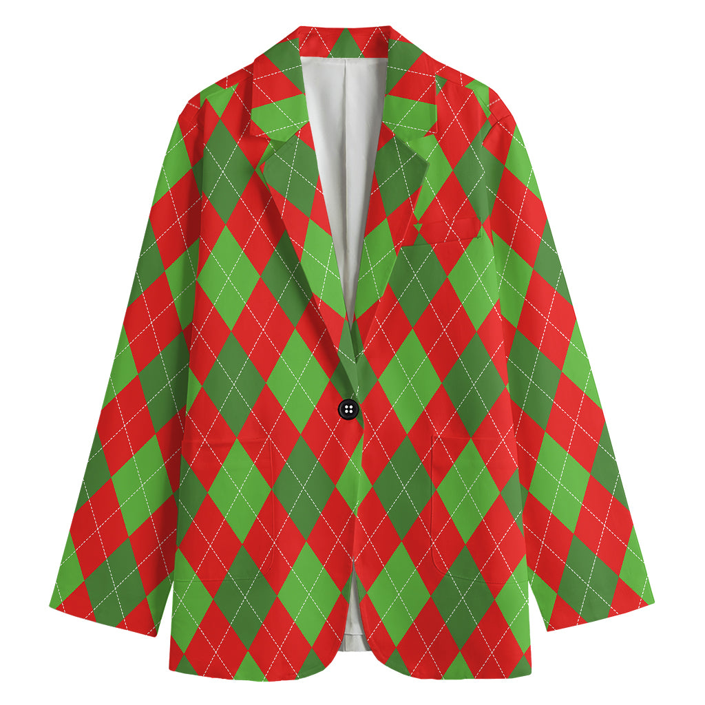 Green And Red Argyle Pattern Print Women's Cotton Blazer