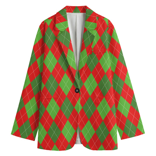 Green And Red Argyle Pattern Print Women's Cotton Blazer