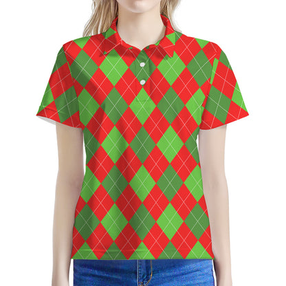 Green And Red Argyle Pattern Print Women's Polo Shirt