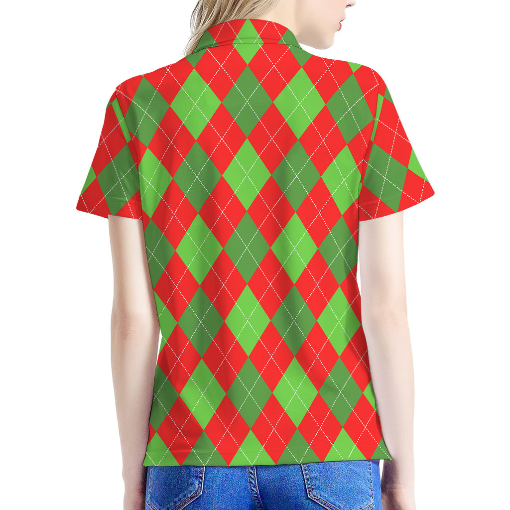 Green And Red Argyle Pattern Print Women's Polo Shirt