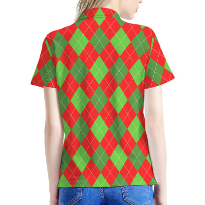 Green And Red Argyle Pattern Print Women's Polo Shirt
