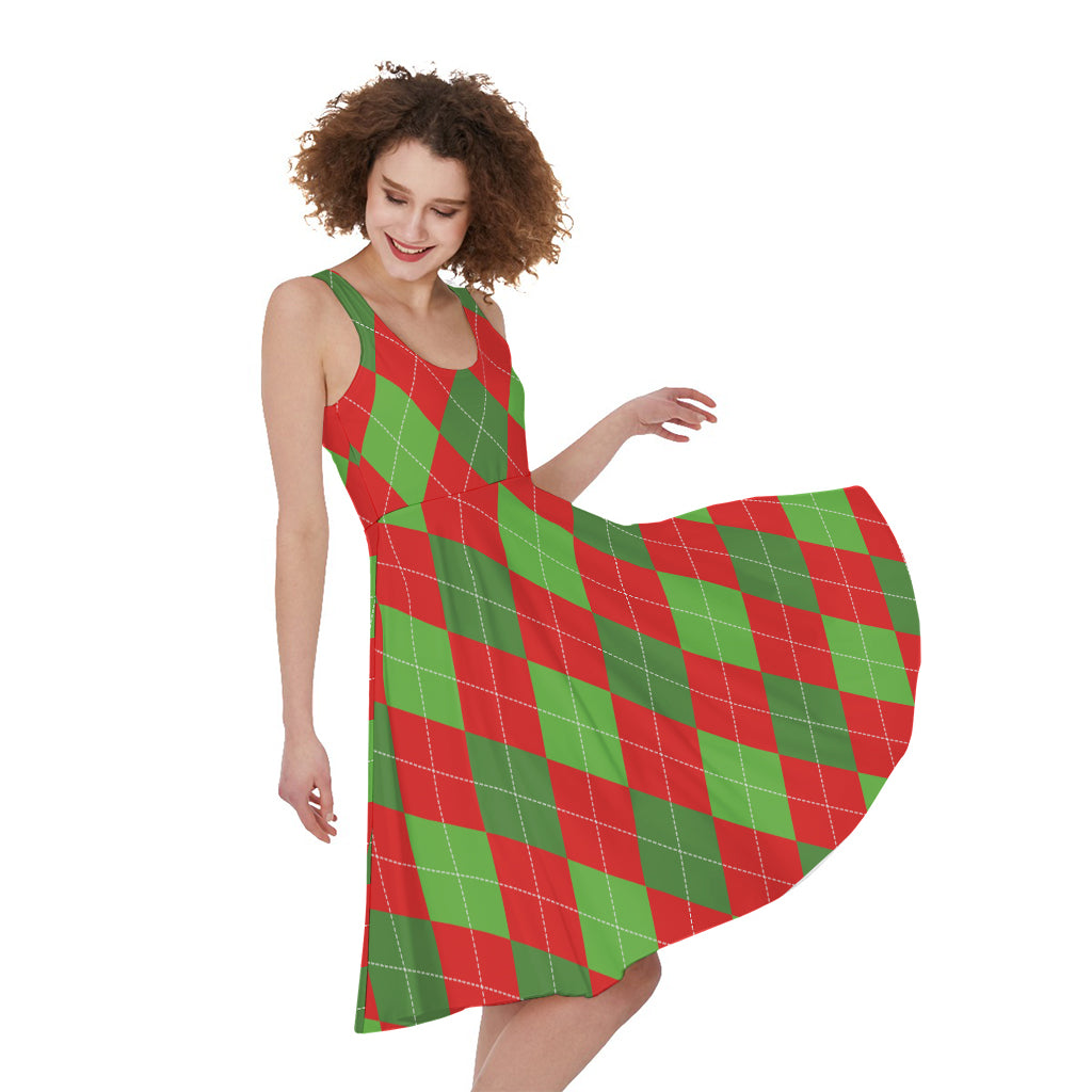 Green And Red Argyle Pattern Print Women's Sleeveless Dress
