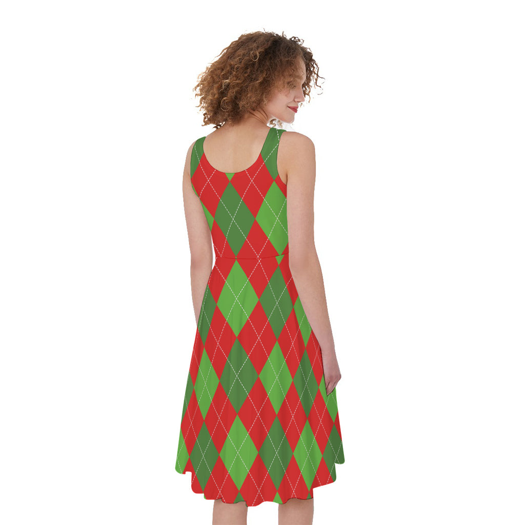 Green And Red Argyle Pattern Print Women's Sleeveless Dress