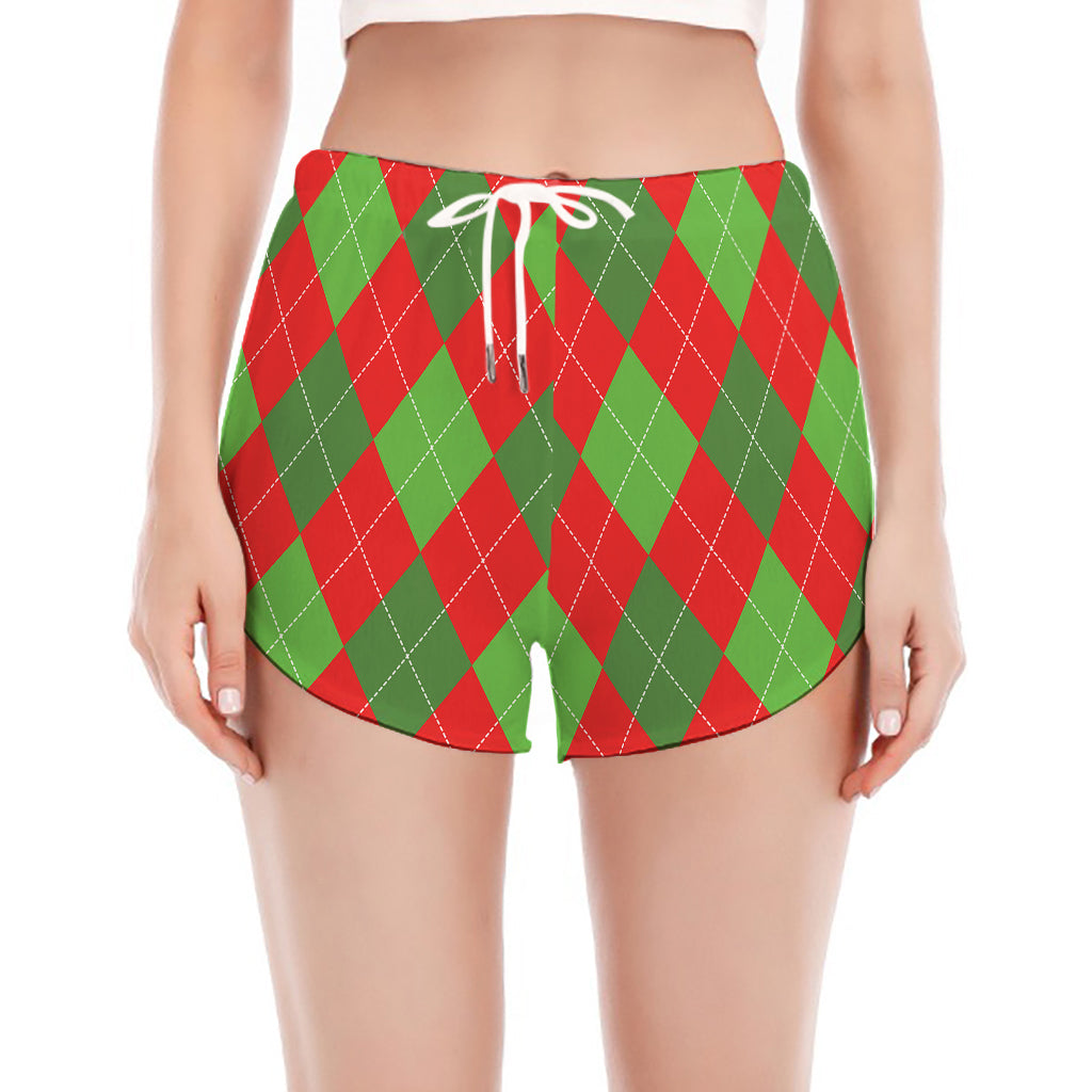 Green And Red Argyle Pattern Print Women's Split Running Shorts