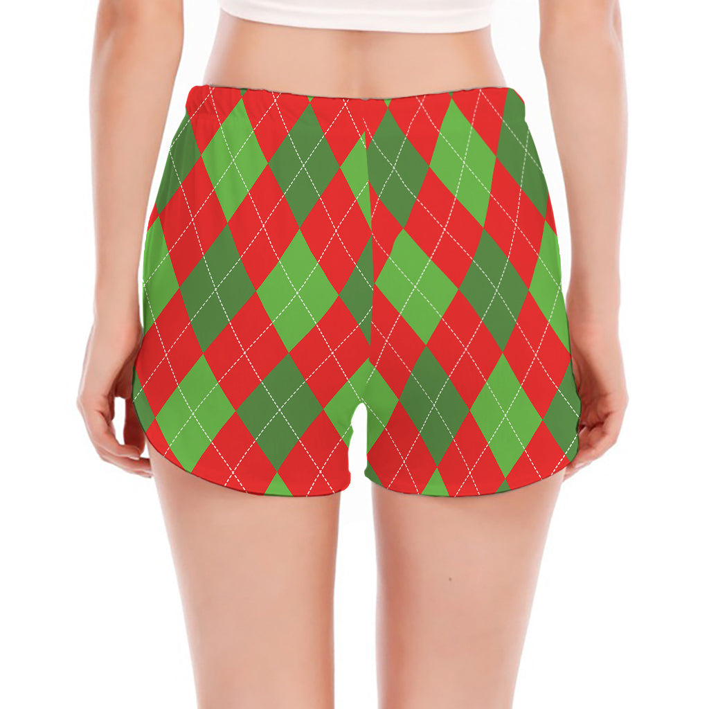 Green And Red Argyle Pattern Print Women's Split Running Shorts
