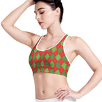 Green And Red Argyle Pattern Print Women's Sports Bra