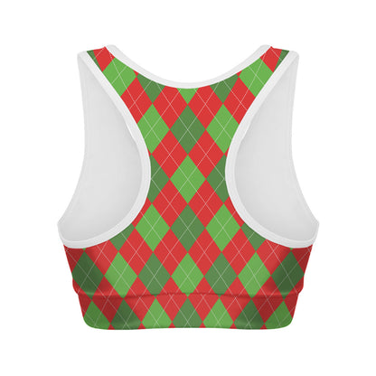 Green And Red Argyle Pattern Print Women's Sports Bra