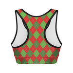Green And Red Argyle Pattern Print Women's Sports Bra