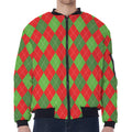 Green And Red Argyle Pattern Print Zip Sleeve Bomber Jacket