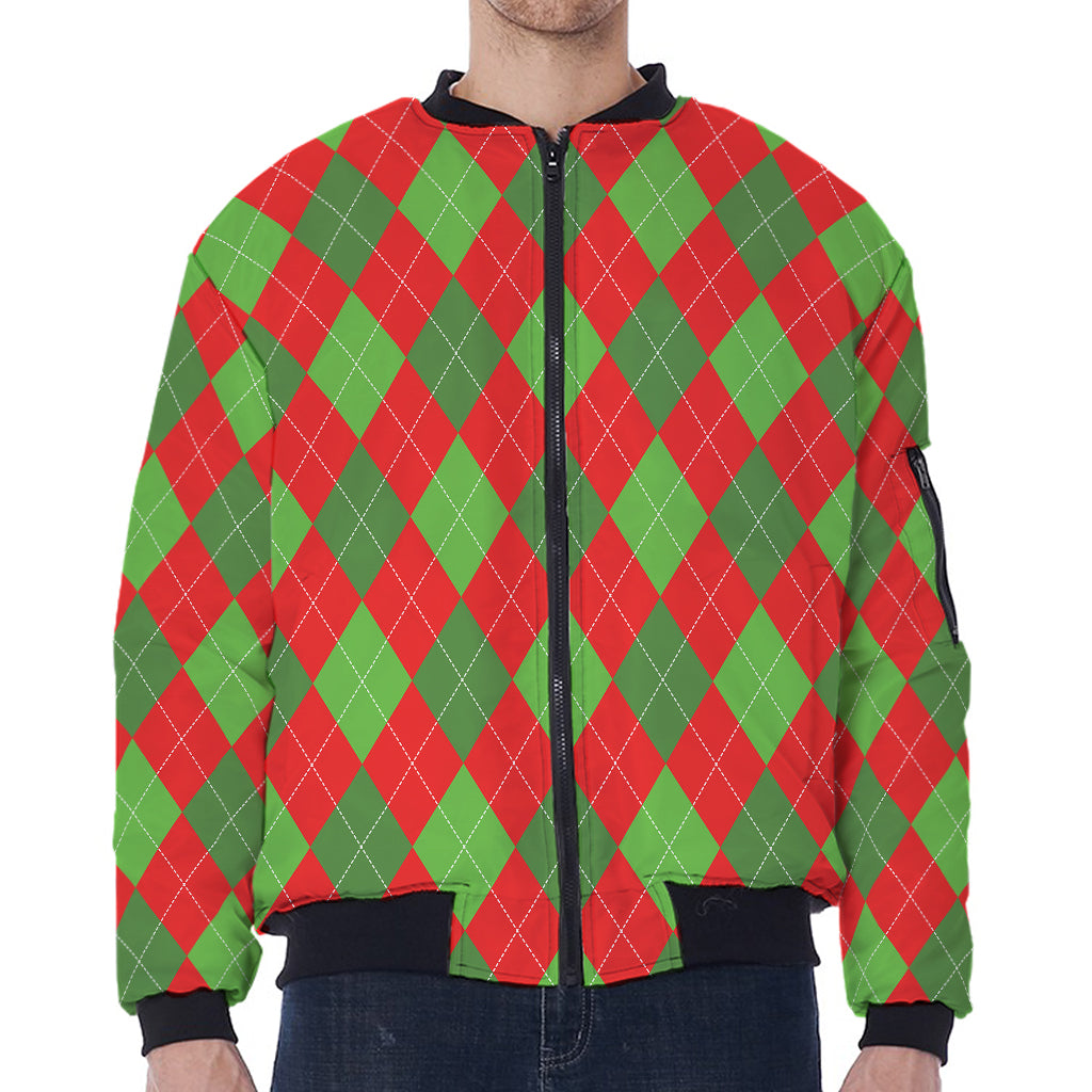 Green And Red Argyle Pattern Print Zip Sleeve Bomber Jacket