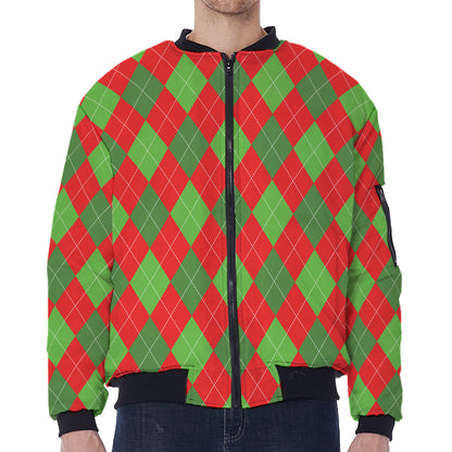 Green And Red Argyle Pattern Print Zip Sleeve Bomber Jacket