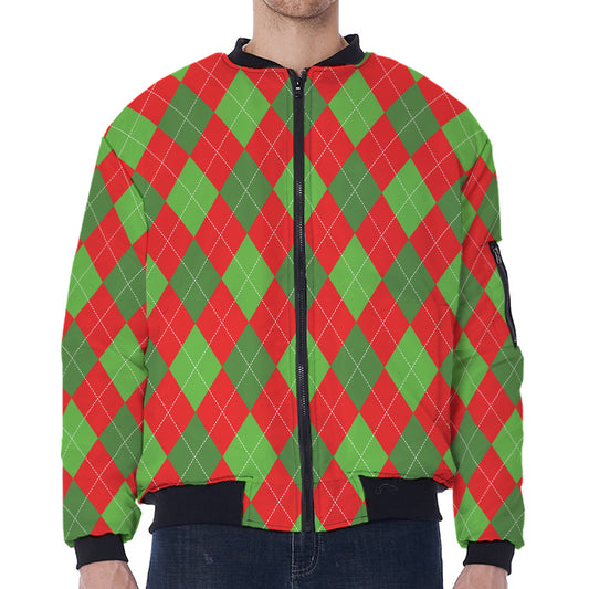 Green And Red Argyle Pattern Print Zip Sleeve Bomber Jacket