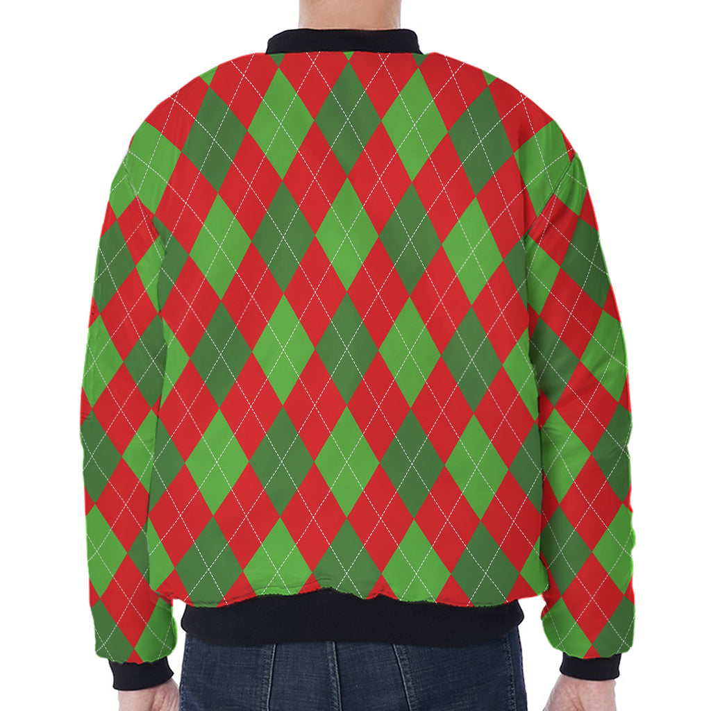 Green And Red Argyle Pattern Print Zip Sleeve Bomber Jacket