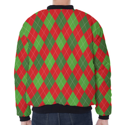 Green And Red Argyle Pattern Print Zip Sleeve Bomber Jacket