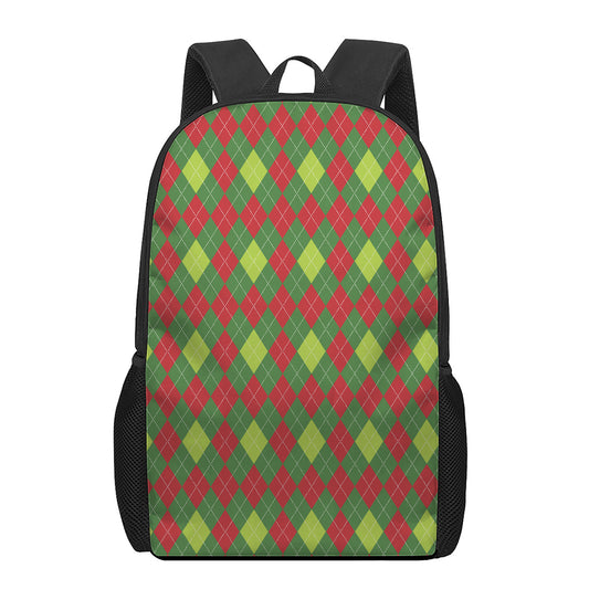 Green And Red Christmas Argyle Print 17 Inch Backpack