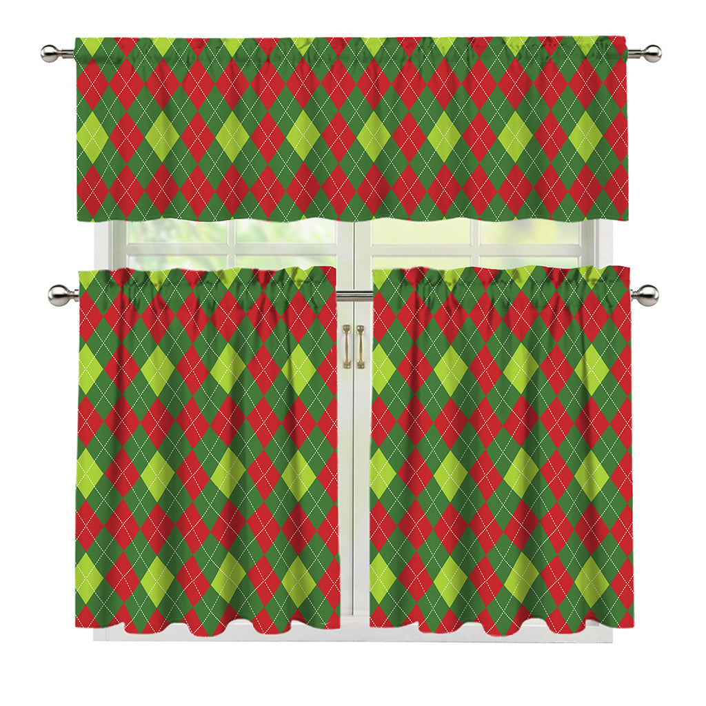 Green And Red Christmas Argyle Print 3 Piece Kitchen Curtains